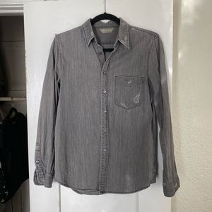 Mother distressed denim button down shirt